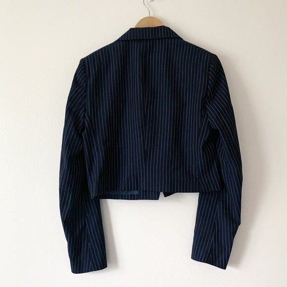 NWT Polo Ralph Lauren Cropped Navy 100% Wool Striped Blazer - Picture 3 of 8